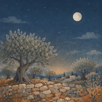 Gethsemane Olive Grove Under Moonlit Autumn Sky