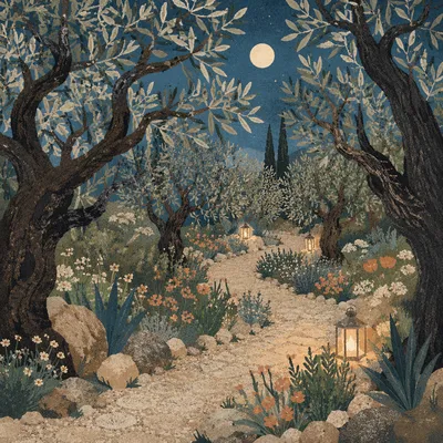 Moonlit Gethsemane Olive Grove Path