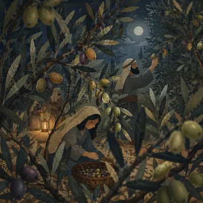 Moonlit Gethsemane Olive Grove Harvest Closeup