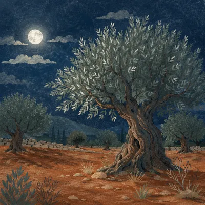 Moonlit Gethsemane Olive Grove in Winter