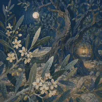 Moonlit Gethsemane Olive Blossoms at Night