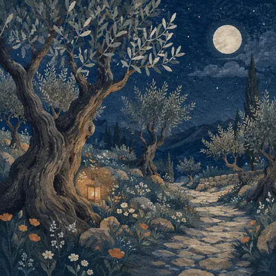 Moonlit Olive Grove in Early Spring
