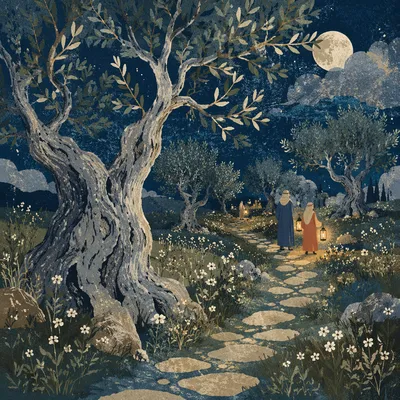 Moonlit Gethsemane Olive Grove at Spring Night