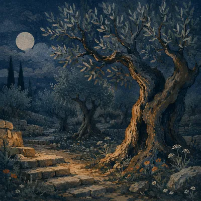 Moonlit Olive Trees in Gethsemane Garden