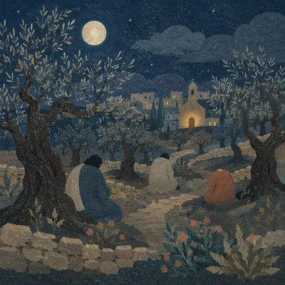 Moonlit Gethsemane Olive Grove Prayer Scene