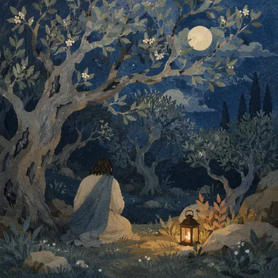 Gethsemane Olive Grove in Moonlit Spring