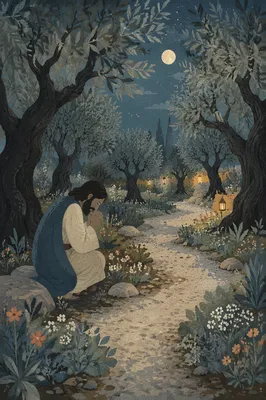 Moonlit Gethsemane Olive Grove in Spring