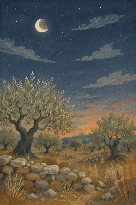 Moonlit Gethsemane Olive Grove in Autumn
