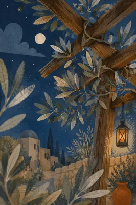Gethsemane Olive Branches Under Moonlit Sky