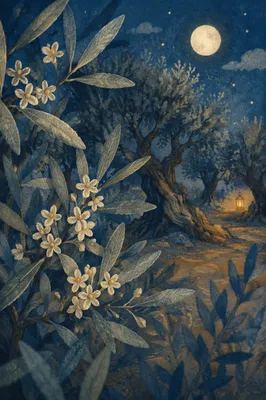 Moonlit Gethsemane Olive Blossoms at Night