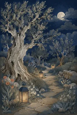 Moonlit Olive Grove Path at Gethsemane