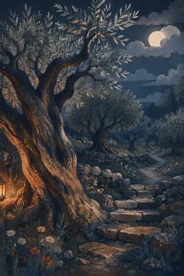 Moonlit Olive Trees in Gethsemane Garden