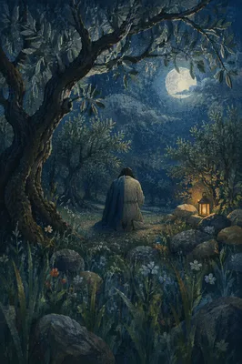Moonlit Gethsemane Prayer Among Olive Trees