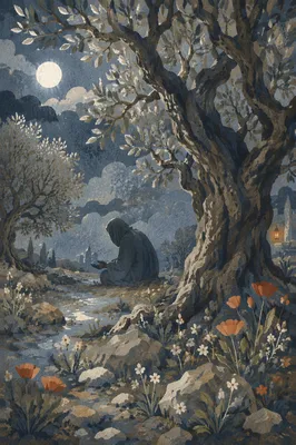 Moonlit Gethsemane Olive Grove Prayer Scene