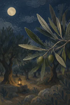 Moonlit Olive Branch in Gethsemane Night