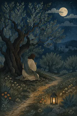 Gethsemane Prayer Beneath Moonlit Olive Trees