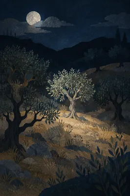 Moonlit Gethsemane Olive Grove at Night