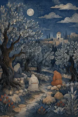 Moonlit Gethsemane Olive Grove Prayer Scene