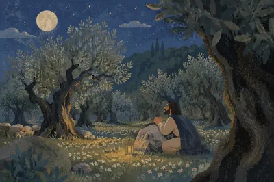 Moonlit Gethsemane Olive Grove in Spring