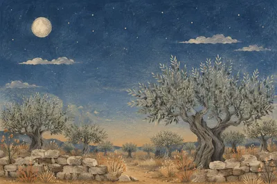 Moonlit Gethsemane Olive Grove in Autumn