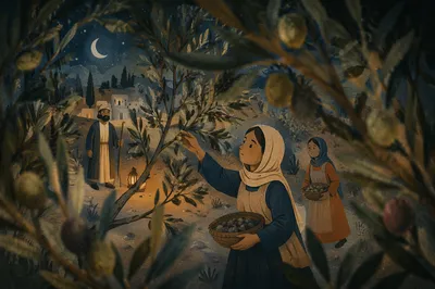 Gethsemane Olive Grove in Moonlit Harvest Night