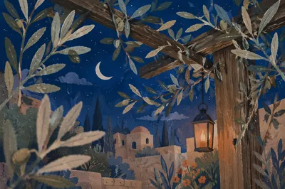 Moonlit Gethsemane Olive Branches and Trellis