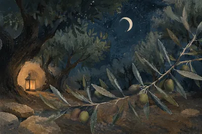 Moonlit Gethsemane Olive Branches at Night