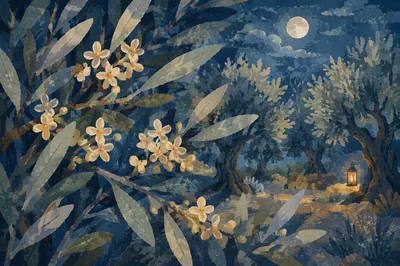 Moonlit Gethsemane Olive Blossoms at Night