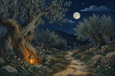 Moonlit Olive Grove in Gethsemane Night
