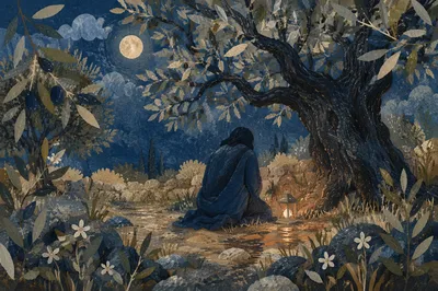 Moonlit Gethsemane Prayer Among Olive Trees