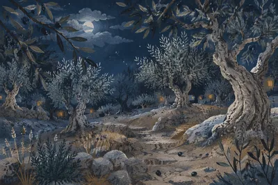 Winter Night Olive Grove in Gethsemane Mood