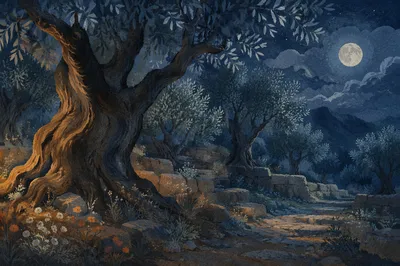 Moonlit Olive Trees in Gethsemane Garden
