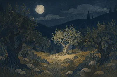 Moonlit Gethsemane Olive Grove at Night