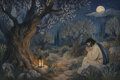 Moonlit Olive Grove for Holy Week Prayer