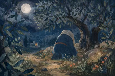 Gethsemane Olive Grove Prayer at Moonlit Night