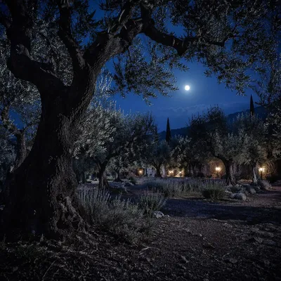 Moonlit Olive Grove for Holy Week Vigil