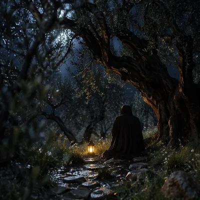 Prayer Beneath Ancient Olive Trees at Night