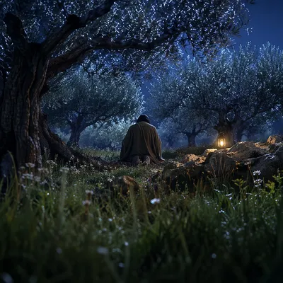 Moonlit Gethsemane Prayer Among Olive Trees