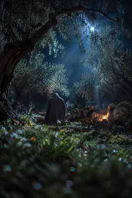 Gethsemane Prayer Beneath Moonlit Olive Trees