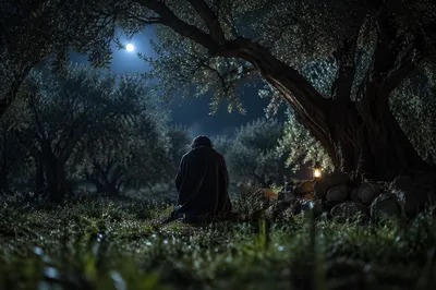 Gethsemane Prayer Beneath Moonlit Olive Trees