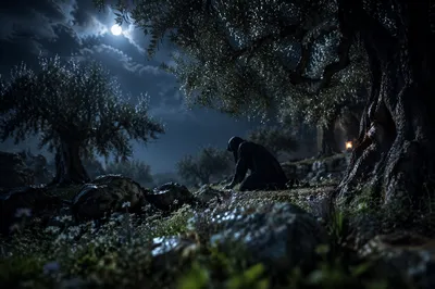 Moonlit Gethsemane Olive Grove Prayer Scene
