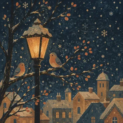 Peaceful Snowfall Under Evening Streetlight