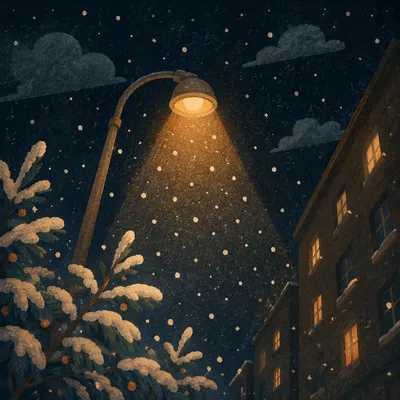 Peaceful Snowfall Beneath Evening Streetlight Glow