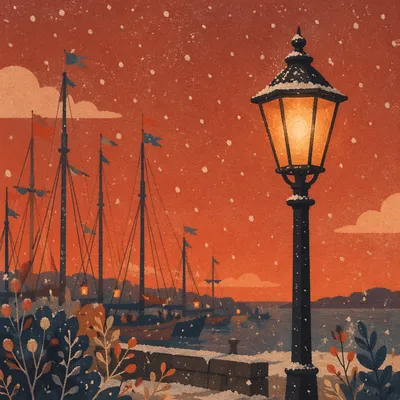 Peaceful Snowfall by Waterfront Streetlight