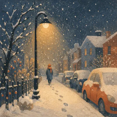 Peaceful Winter Streetlight in Gentle Snowfall