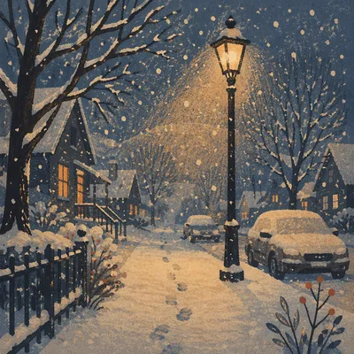 Peaceful Snowfall Beneath Evening Streetlight Glow