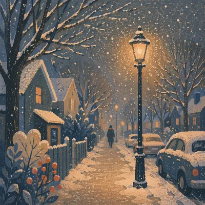 Peaceful Winter Streetlight Snowfall Evening