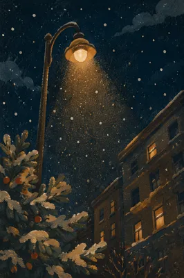 Peaceful Winter Streetlight in Gentle Snowfall