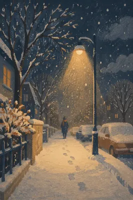 Peaceful Winter Streetlight in Gentle Snowfall