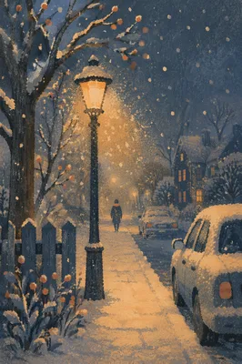 Peaceful Winter Streetlight in Gentle Snowfall